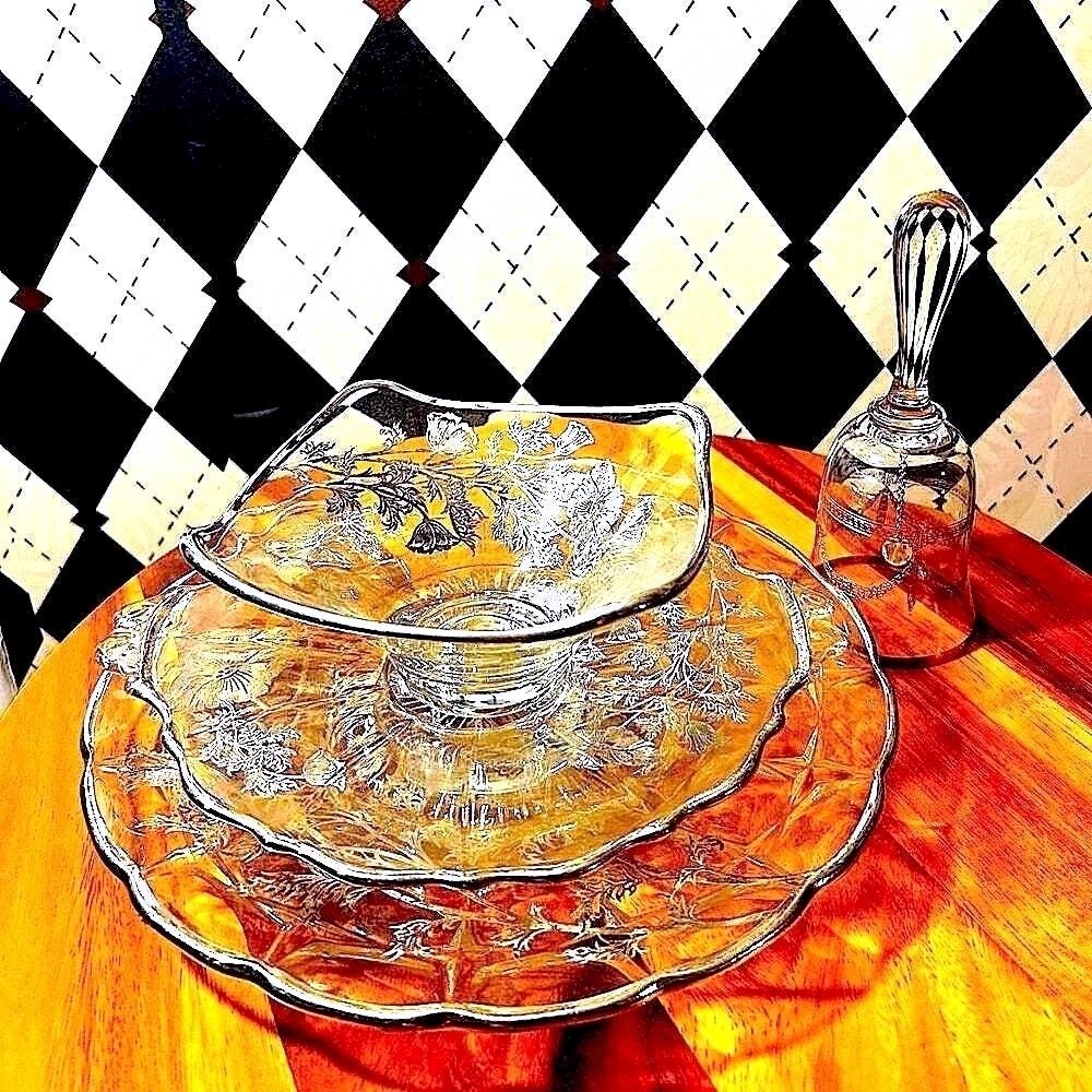 Vintage Silver Inlay Glassware Set | Bell, Serving Plate, Bowl & Tray